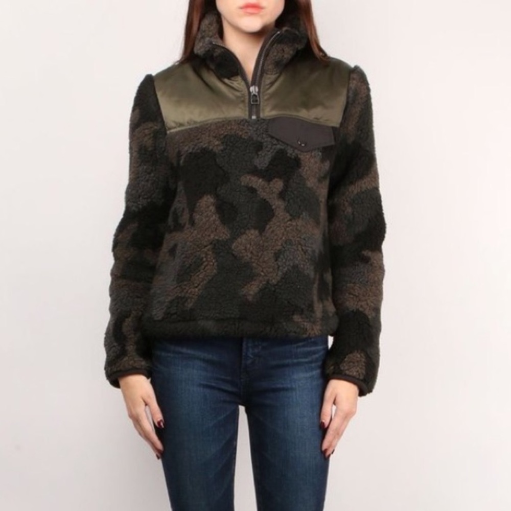 Veronica Beard Kylan Camo Sherpa Jacket Pullover Faux Fur Green Large